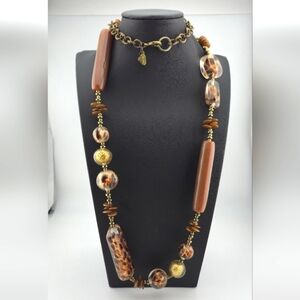 Treska 40" Long Statement Necklace Mixed Brown Glass Beads & Gold Accents